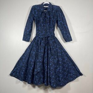 VTG D Frank Belted Full Dress‎ Blue Black Print Button Up Prairie Whimsigoth 80s